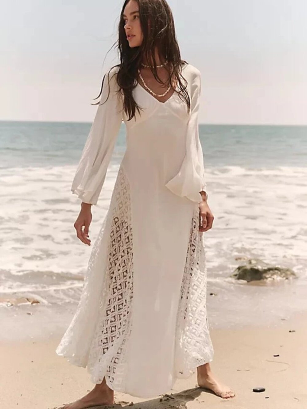 Free People Hazel Maxi Dress Drapey Sleeve V Neck Ivory Lace S